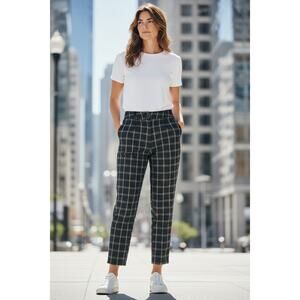 RUTI Womens Small Windowpane Pants Black Brown Textured Tapered Minimalist
